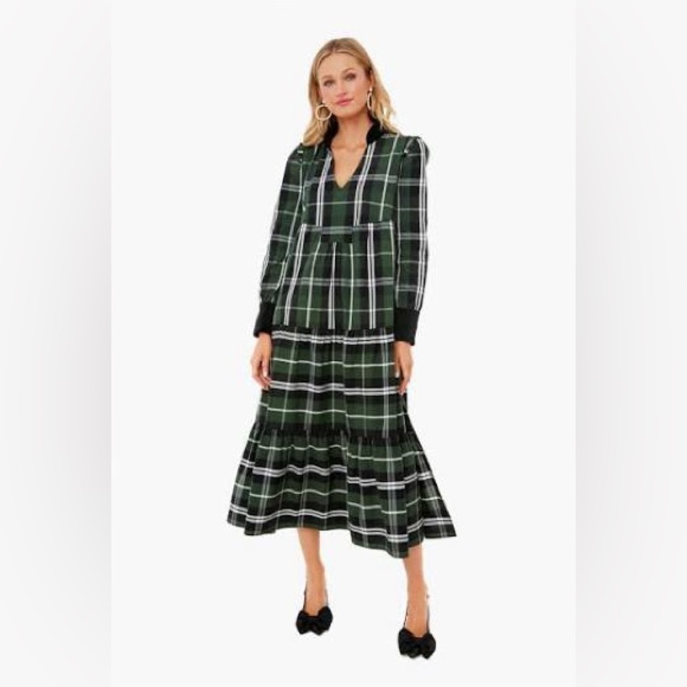 Tuckernuck Green and Black Plaid Tiered Midi Dress